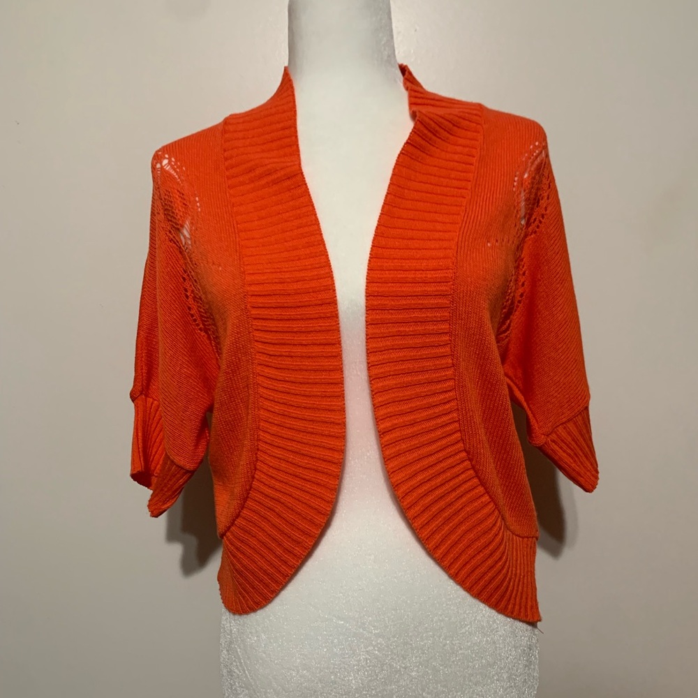 Allison Brittney Vibrant Orange Open-Front Sweater shrug eyelet pattern Large